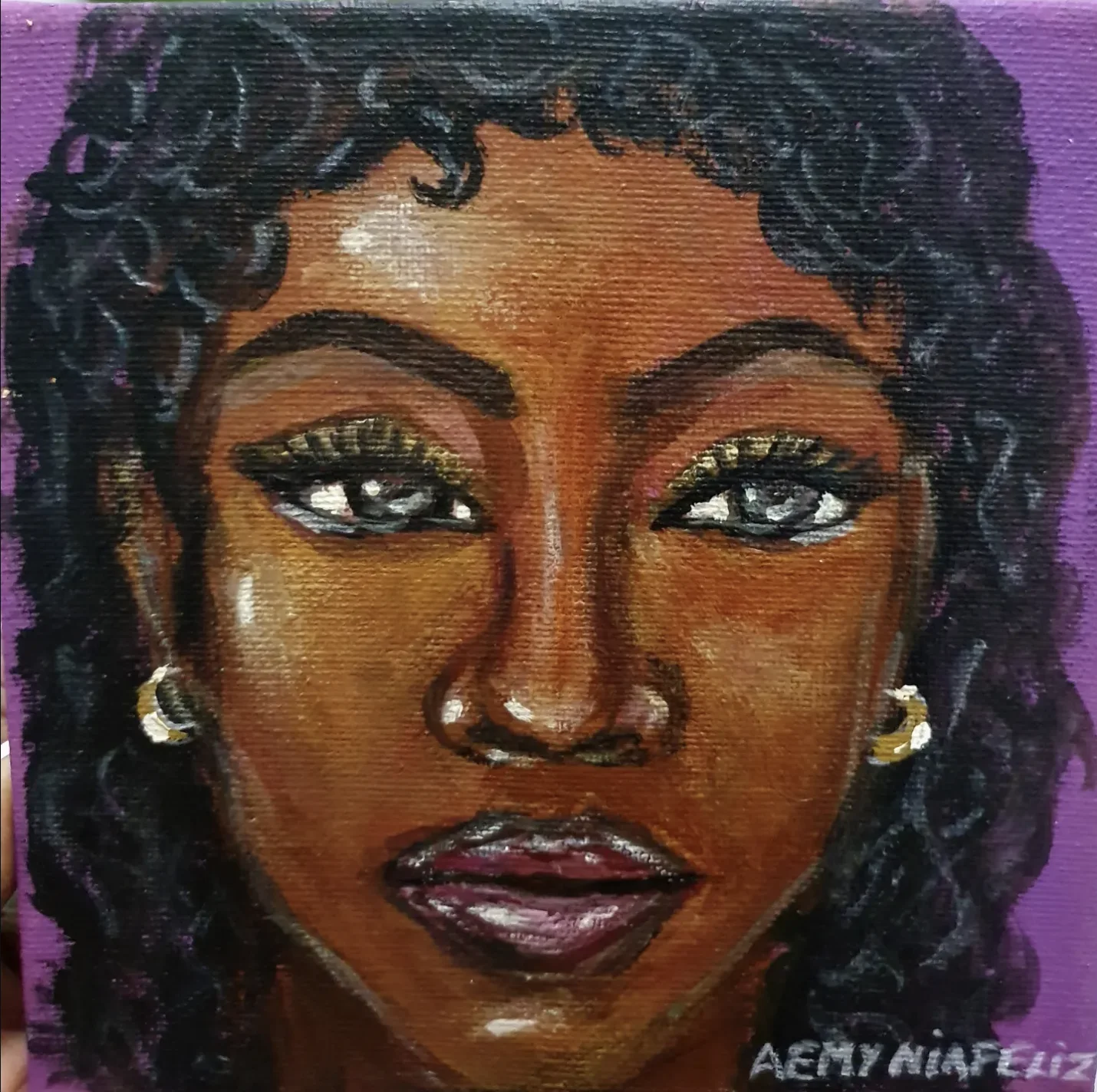 Portrait painting of a woman with curly hair on a purple background
