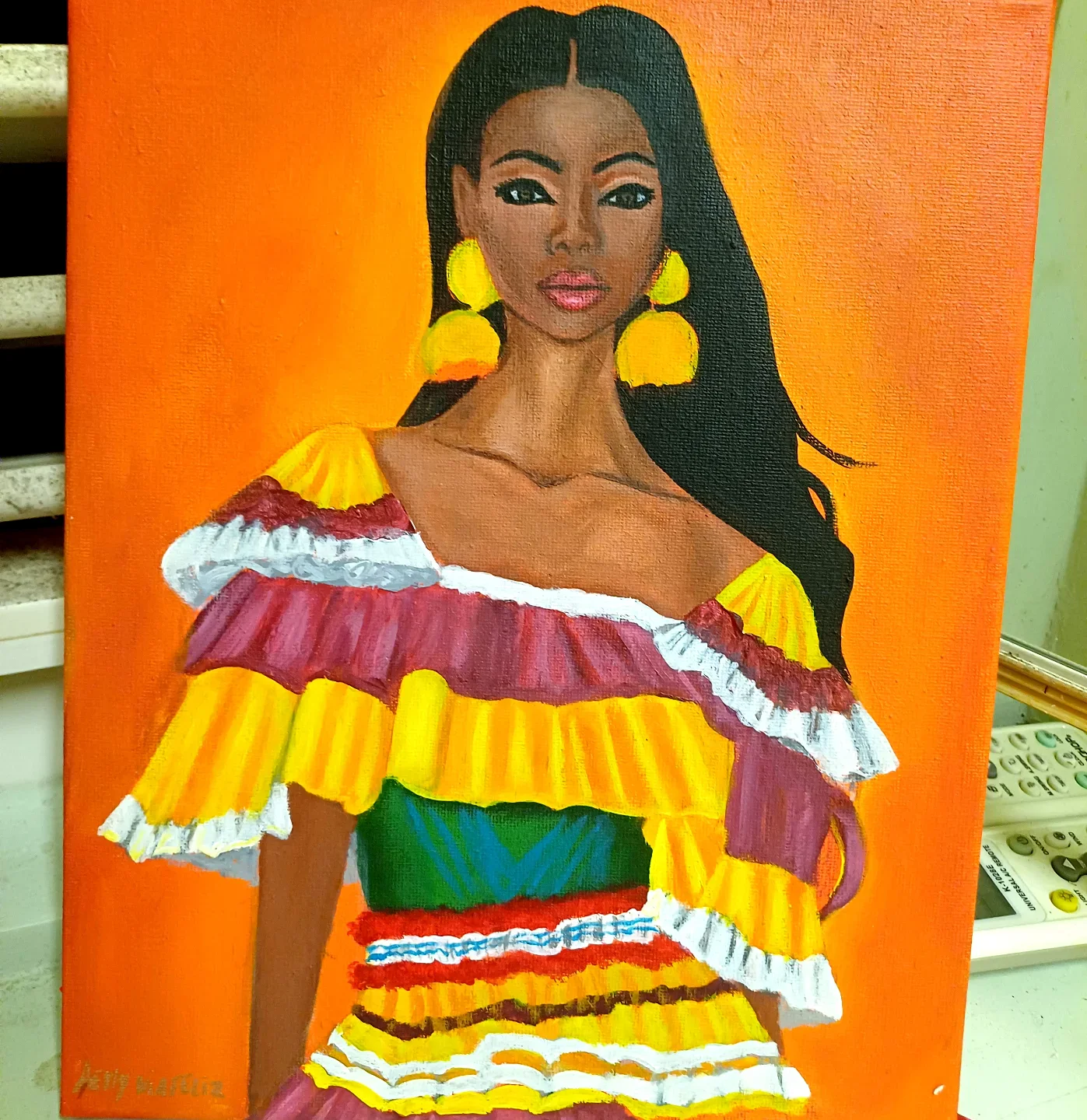 Painting of a woman in a ruffled folkloric dress on an orange background