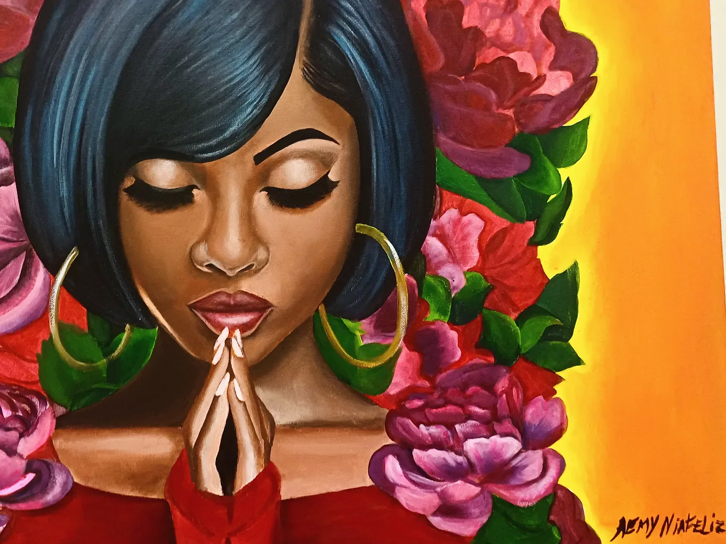 Painting of a woman with her hands together, surrounded by roses on orange