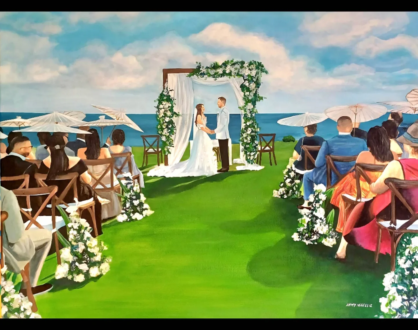 Painting of a wedding ceremony by the sea, guests seated under flowers