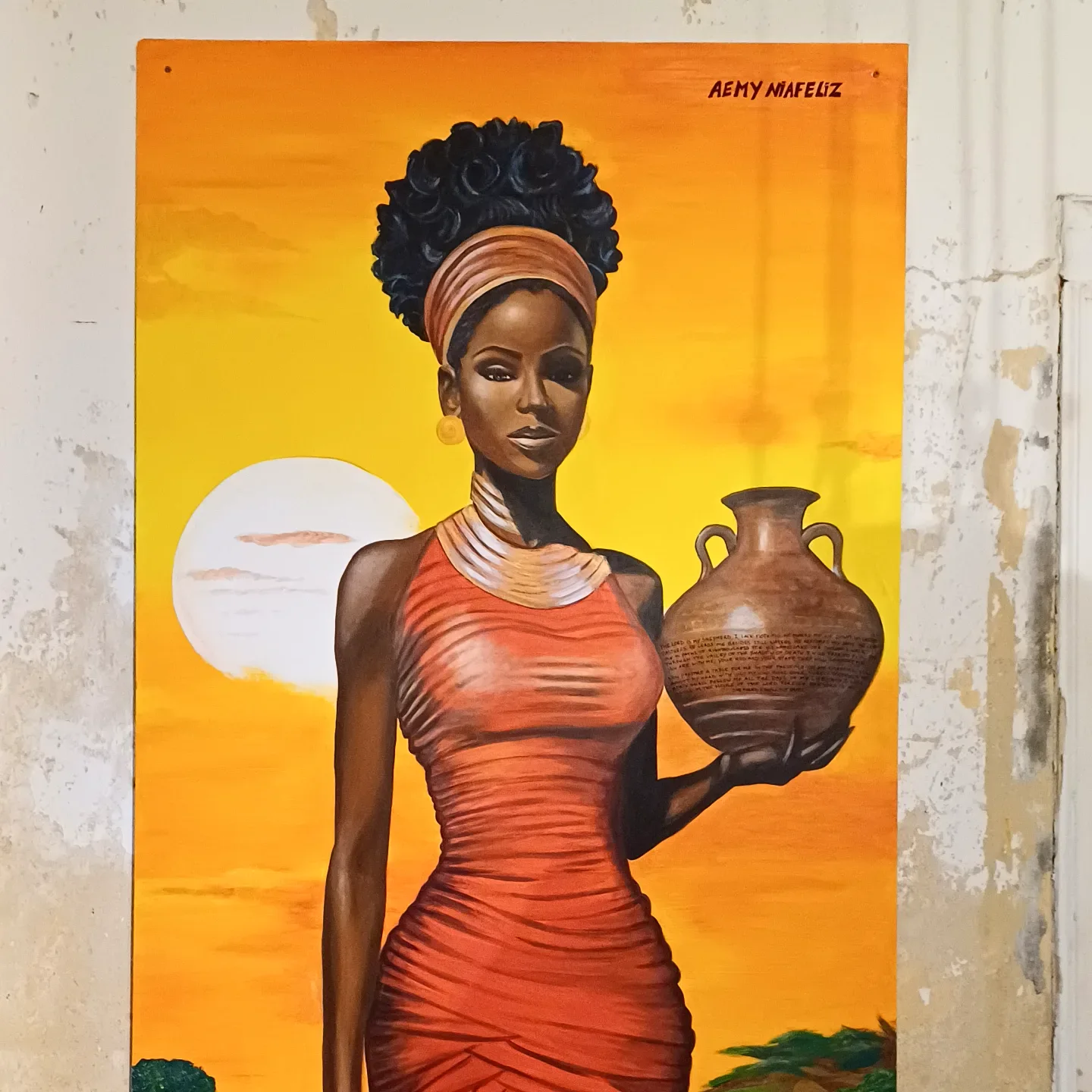 Painting of a woman in an orange dress holding a clay pot, sun rising behind her