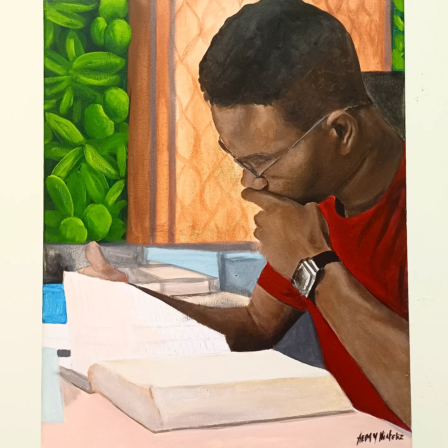 Painting of a young man in glasses reading a book, green leaves behind him