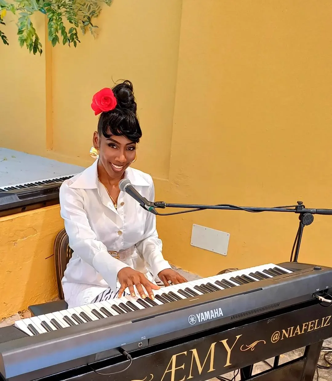 Æmy at her keyboard, its front reading ÆMY @NIAFELIZ, a red rose in her hair